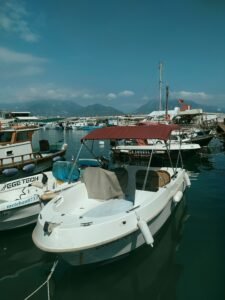 A tranquil harbor scene featuring boats moored in a marina against a backdrop of distant mountains and blue skies.